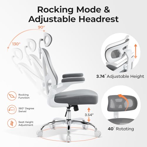 Ergonomic Office Chair, Mesh Office Desk Chair, Grey, 1 Pack | Lumbar Support, Head Support, Rocking Function, Flip-up Armrests, Mesh High Back, Suitable for Home, Office - color: Grey