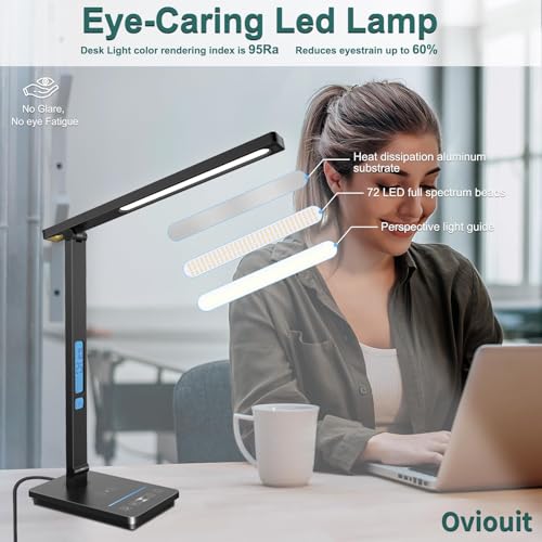 10 in 1 Smart Desk Lamp Led, Desk Light for Colleage Drom Room Office, Eye-Caring Table Lamp with Night Light, Lamp for Desk with 10W Wireless Charger, Dimmable Touch Lamp, Birthday Gifts for Women - color: Black-Pro