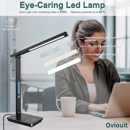 10 in 1 Smart Desk Lamp Led, Desk Light for Colleage Drom Room Office, Eye-Caring Table Lamp with Night Light, Lamp for Desk with 10W Wireless Charger, Dimmable Touch Lamp, Birthday Gifts for Women - color: Black-Pro