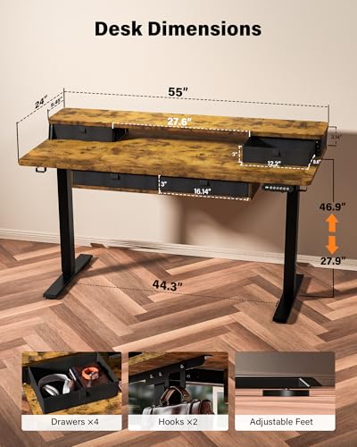 FiCiHi 55x24 Inch Electric Standing Desk, 4 Drawers, Adjustable Height Desk - color: Rustic Brown, size: 55"x24" (4 Drawers)