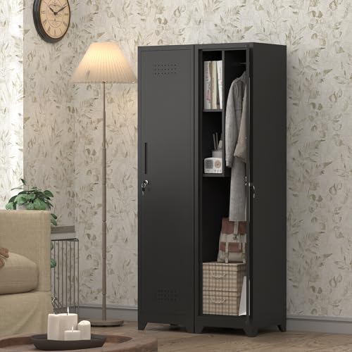 Metal Utility Closet with Hanging Rod,Narrow Broom Closet with Door,Slim Laundry Storage Cabinet for Bathroo,Gym,Living Room,Black - size: 15.75"D x 15.75"W x 64.96"H-Black