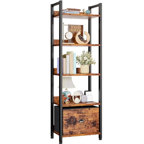 Furologee 5 Tier Bookshelf with Drawer, Tall Narrow Bookcase with Shelves, Wood and Metal Bookshelves Storage Organizer, Industrial Display Standing Shelf Unit for Bedroom, Living Room, Rustic Brown - color: Rustic Brown, size: 5 Tier -1 PCS