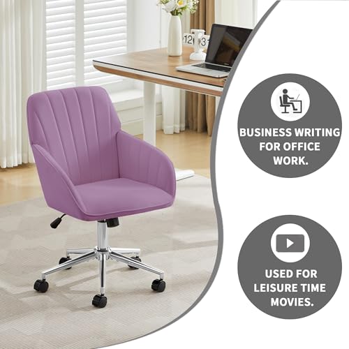 YITAI Velvet Office Desk Armchairs with Silver Base and Wheels,Modern Height Adjustable 360 Degree Swivel Upholstered Vanity Chairs for Living/Room Bedroom/Study,Light Purple - color: Silver Purple