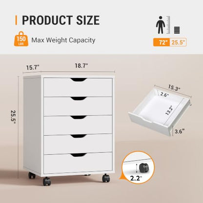 DEVAISE 5 Drawer File Cabinet, Wood Under Desk Drawers Chest White - color: White