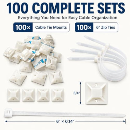 100 Pack Cable Tie Mounts with 6 Inch Zip Ties, Self Adhesive - color: White