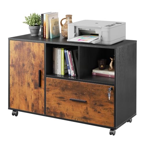 DEVAISE Printer Stand with Storage, Mobile Wood File Cabinet, Rustic Brown - color: Rustic Brown, style: Modern