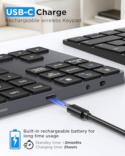 JOYEKY Wireless Number Pad Bluetooth Numeric Keypad for Laptop | Number Pad for Laptop,USB-C Rechargeable,34-Keys Bluetooth Numeric Keypad - size: L330