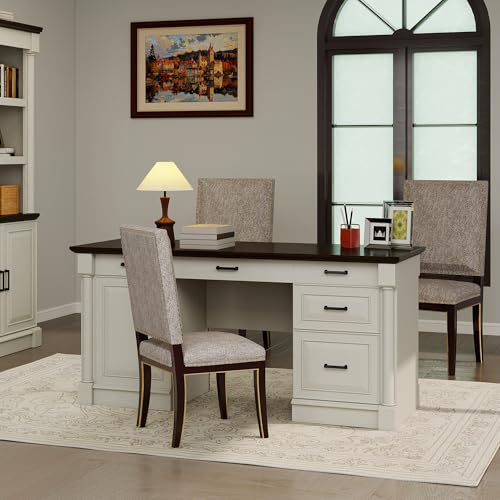 Bevfint 61.85″ Executive Desk with Roman Column Design, Large Boss Office Desk 3 Drawers incl. File Drawer, Keyboard Tray, Cabinet Shelf with Door, White with Brown Desktop - color: White With Brown Desktop, size: 61.85" Roman Column Desk