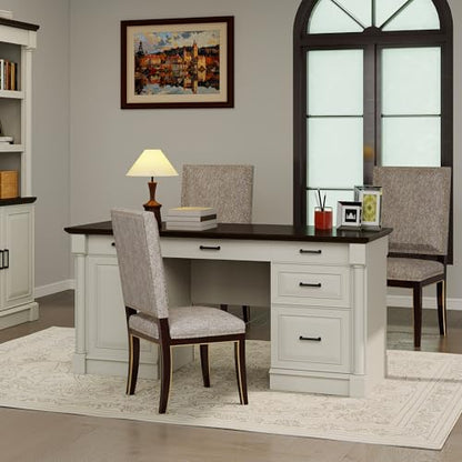 Bevfint 61.85″ Executive Desk with Roman Column Design, Large Boss Office Desk 3 Drawers incl. File Drawer, Keyboard Tray, Cabinet Shelf with Door, White with Brown Desktop - color: White With Brown Desktop, size: 61.85" Roman Column Desk