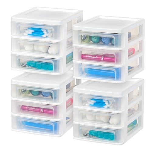 IRIS USA 4-Pack 3-Drawer Small Desktop Organizer, Stackable, White | Organize office supplies, stationery, makeup, craft materials and everyday essentials for neat desktop storage - color: White, style: Small - 4 Pack
