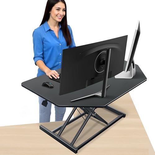 Aconcept 38 inch Black Corner Height Adjustable Standing Desk Converter, One-Click Sit to Stand up Desk Riser, Pre-Assembled for Dual Monitor and Laptop Workstation - color: Black, size: 38"