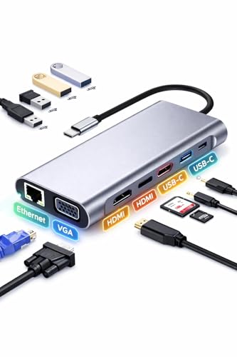 USB-C Hub 11-in-1 Multiport Docking Station with 4K HDMI, VGA, Ethernet, 100W PD, USB 3.0, SD/TF Card Reader & Audio Jack – USB-C Adapter for Laptop, MacBook, Windows & Chromebook