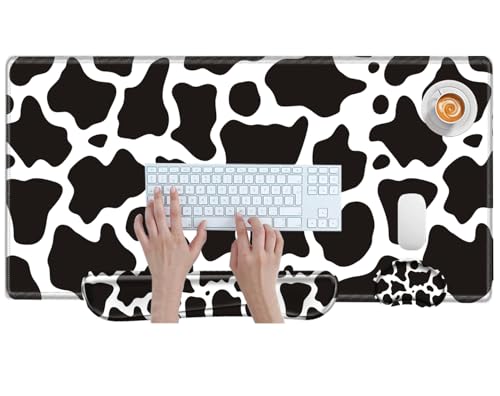 Cow Print Desk Pad Mat Large Mouse Pad and Keyboard Wrist Rest Set 3 in 1 Desk Protector Mat XXL Keyboard Pad with Wrist Support for Desktop Cover Home Work Office Computer - color: Cow