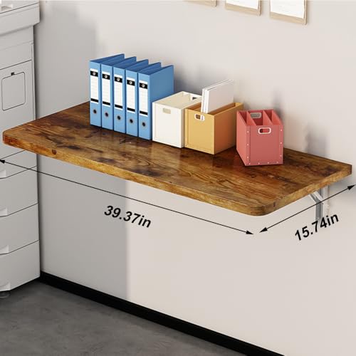 Rustic Wall Mounted Folding Table, Solid Wood Floating Shelf with Stainless Steel Brackets, Space Saving Desk for Home Office, Kitchen, Dining, Bar, Laundry Room(100X40cm/39.37"X15.75") - size: 100