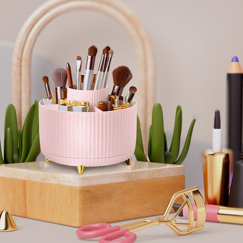 WILL OAK Makeup Brush Organiser - Large Compartment Cosmetic Organizer -Eyeliner, Nail Polish, Art Supply, Bathroom Vanity Desktop Organizer (Pink) - color: Pink