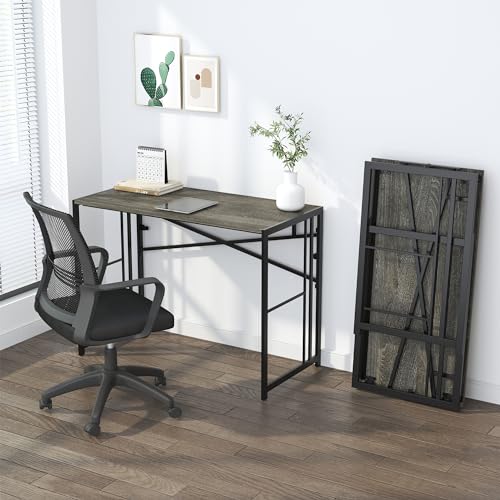 Lutown-Teen 40 inch Folding Desk No Assembly Required, Black Oak - color: Black Oak, size: 40 Inch