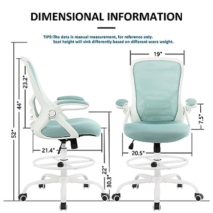 HYLONE Drafting Chair Tiffany Blue, Tall Office Chair Standing Desk Stool with Adjustable Height, Foot Ring, Flip-Up Arms, Mesh High-Back Office Chair, White - color: Blue