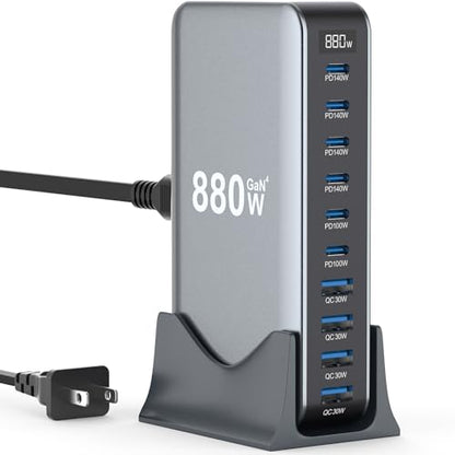 880W USB C Fast Charger Block, 10 Port USB Charging Station, GaN Ⅳ Pro 140W PD PPS Port for Multiple Devices,Laptop Wall Charger Compatible with DELL, HP, MacBook Pro,iPhone17/16 pro,Galaxy S24.