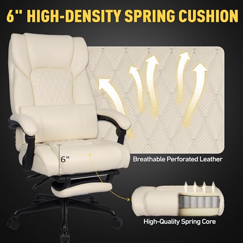 3D Kneading Massage Office Chair with Heat, 500 lbs Big and Tall Executive Computer Desk Recliner, Leather Electric Heated Office Chairs with Massage & Footrest - color: Beige