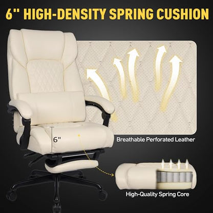 3D Kneading Massage Office Chair with Heat, 500 lbs Big and Tall Executive Computer Desk Recliner, Leather Electric Heated Office Chairs with Massage & Footrest - color: Beige