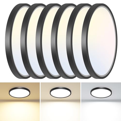 slochi 6 Pack 12Inch Flush Mount Ceiling Light Fixtures -3000K-4000K-6500K Flat Led Lights for Room Ceiling,Ultra Thin Round White Ceiling Lights for Living Room,Bedroom,Kitchen,Bathroom - color: Black, size: 12inch-6Pack