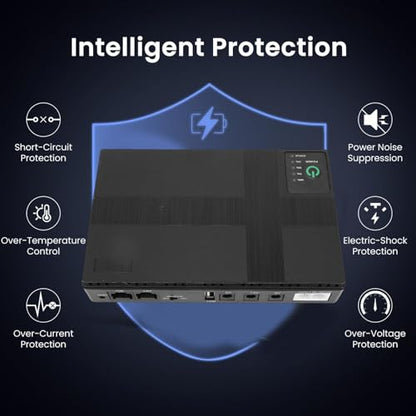 Zunate UPS Battery Backup Power Supply Compact Uninterruptible Power Supply with 6 Outputs POE LAN Port for WiFi Router Modem Camera Security System Black ABS 180x105x32mm (US Plug)