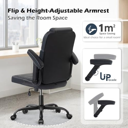 SEATZONE Black Office Chair Ergonomic Desk Chair with Lumbar Support, Flip-Up Arms, Adjustable Swivel Computer Chair with Wheels, PU Leather Executive Task Chair for Home Office Small Space - color: Black