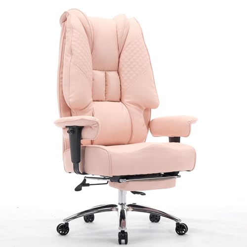 EXCEBET Big and Tall Office Chair 400lbs Wide Seat, Leather High Back Executive Office Chair with Foot Rest, Ergonomic Chairs Lumbar Support for Lower Back Pain Relief (Light Pink) - color: Bright Pink