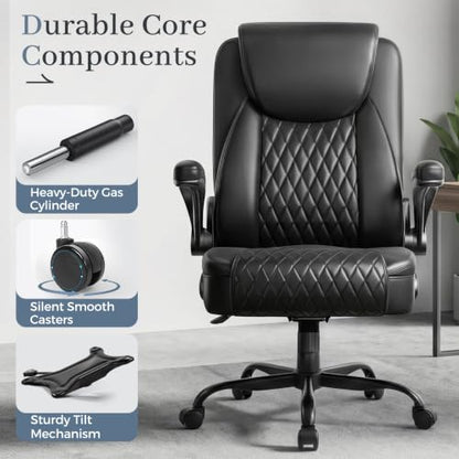 GTPOFFICE Executive Office Chair with Comfortable Lumbar Support, Ergonomic Gaming Chair with Flip-up Armrests & Zoned Pressure-Relief Cushion, Comfy PU Leather Desk Chair, Black - color: Black
