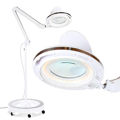Brightech LightView Pro Magnifying Glass with Light and Stand, Magnifying Floor Lamp with a 6-Wheel Rolling Base for Facials, Lash Estheticians, Dimmable LED Work Light for Sewing, Crafts - color: White