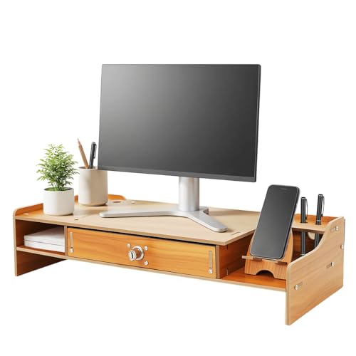 Wood Monitor Riser with Lockable Drawer, Computer/Laptop/PC Stand for Desk Organizer for Homes, Schools Monitor Stand Capacity 5.51-11.02 Lbs with Phone Holder & Pen Holes