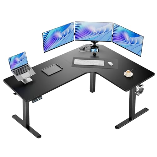 HUANUO 63″ L-Shaped Standing Desk, Built-in Power Outlets, Black