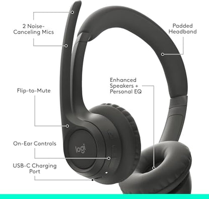 Logitech Zone 300 Wireless Bluetooth Headset with Noise-Canceling Microphone, Compatible with Windows, Mac, Chrome, Linux, iOS, iPadOS, Android- Black (Renewed)