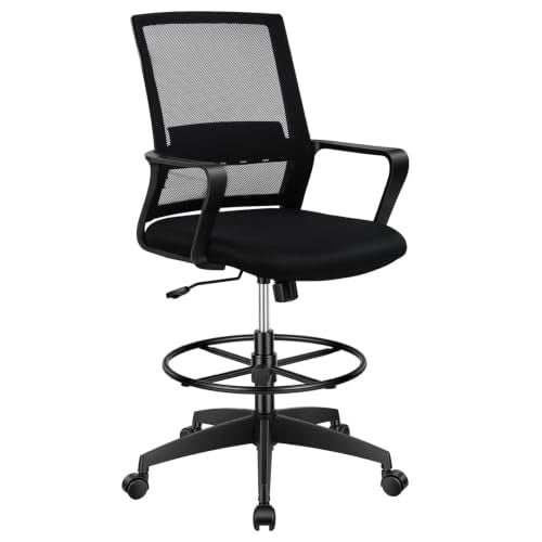 BestOffice Drafting Chair Tall Office Chair Adjustable Swivel Rolling Mesh Height with Lumbar Support Arms Footrest Mid Back for Adults Standing Desk Drafting Stool(Dark Black) - color: Dark Black