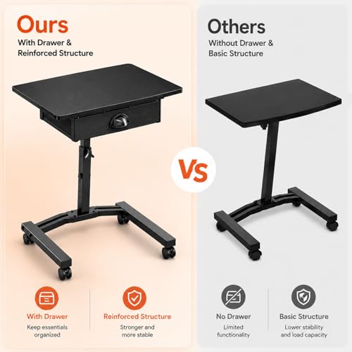 Rolling Adjustable Height Standing Desk With Drawers, Small Mobile Laptop Desk Cart On Wheels For Small Spaces Home Office, Portable Sitting Laptop Table For Bed Couch Load Up To 60LBS, Sturdy, Black - color: Black