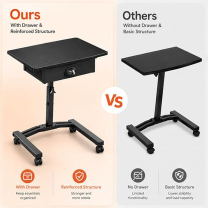 Rolling Adjustable Height Standing Desk With Drawers, Small Mobile Laptop Desk Cart On Wheels For Small Spaces Home Office, Portable Sitting Laptop Table For Bed Couch Load Up To 60LBS, Sturdy, Black - color: Black