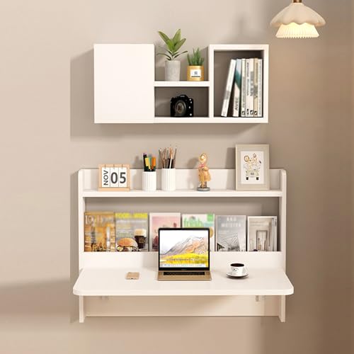 Wall Mounted Folding Table with Booksheves,Floating Desk with Bookcase,Wooden Fold Down Laptop Table for Small Space,Home Office, Bedroom,Study Room,Dorm,White - color: White