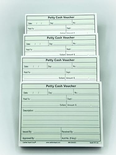 500 Cashier Depot Petty Cash Vouchers 5 1/2" x 4 1/4", Printed in Green, 24lb White Paper, 500/Box - size: Petty Cash