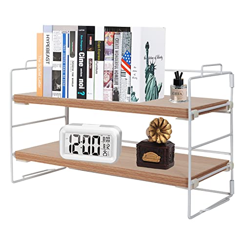 PowerKing Desk Shelf Organizer, 2-Tier Desktop Shelves with Wood Board, Adjustable Bookshelf Storage Rack for Home Office School Study Room (White Frame + Original Wood) - color: White Shelf + Original Wooden, size: 2 Tier