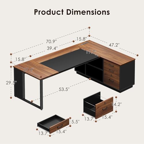 AODK 71 Inch L Shaped Executive Desk with Storage, Walnut+ Black | Computer Desk with 3 Wooden Drawers and File Cabinet, Corner Desk, Outlets, Home Office Computer Workstation - size: 71 Inch