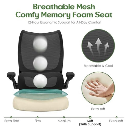 Office Chair Ergonomic Desk Chair - Comfy Mesh High Back Office Chair with Lumbar Support Wheel Home Desk Office Chairs Flip up Armrest Executive Rolling Swivel Task Computer Chair Black Silver