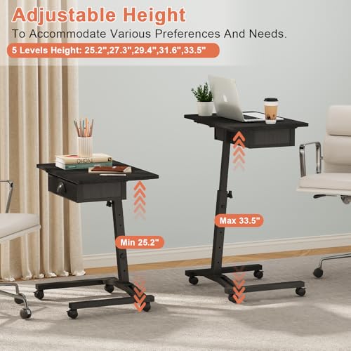 Rolling Adjustable Height Standing Desk With Drawers, Small Mobile Laptop Desk Cart On Wheels For Small Spaces Home Office, Portable Sitting Laptop Table For Bed Couch Load Up To 60LBS, Sturdy, Black - color: Black