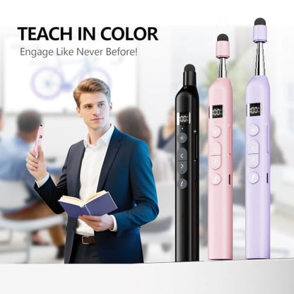 N21 Bluetooth Presentation Clicker for PowerPoint with Retractable Pointer | ①Laser Pointer②Telescopic touch pen③Countdown timer, vibration alert ④Customizable Button ⑤Rechargeable;battery level display - color: Pink - Red Pointer