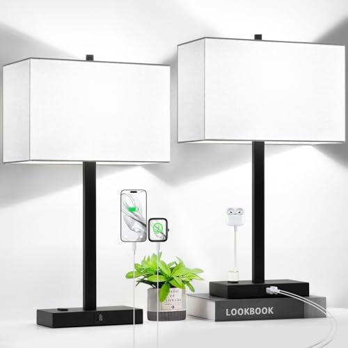 Lynnoland 21" Set of 2 Table lamp with USB A+C & AC Outlets, Touch Control 3-Way Dimmable Nightstand Lamps for Bedroom Living Room Office Reading, White Shade Touch Lamps, 5000K LED Bulbs Included - color: White Line & Matte Black
