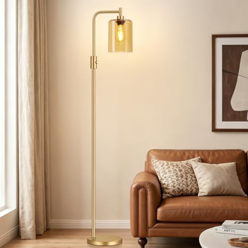 【Upgraded】 Dimmable Floor Lamp for Living Room with Amber Glass Lampshade, Gold Modern Glass Floor Lamp with 900LM LED Bulb Included, Arc Standing Tall Lamp for Bedroom, Office, Reading Room, Corner - color: Amber Glass-Gold