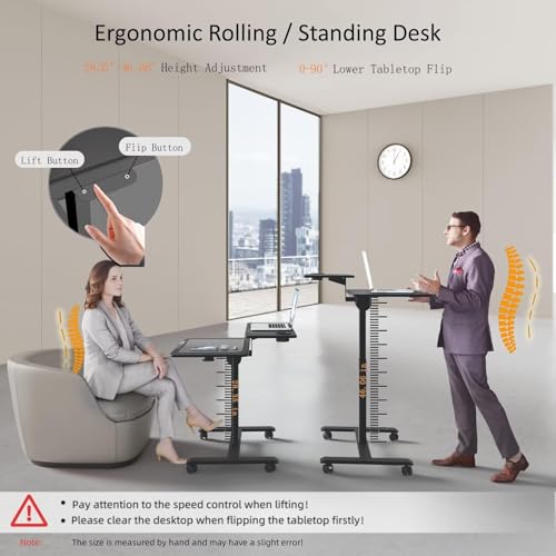 Pneumatic Standing Desk with Wheels - Adjustable Height 28" - 46" & 0-90° Tilt, 31.5" x 17.7" Skin-Feel Desktop, Rolling Computer Desk for Home Office, Hospital, School (Black) - color: Black