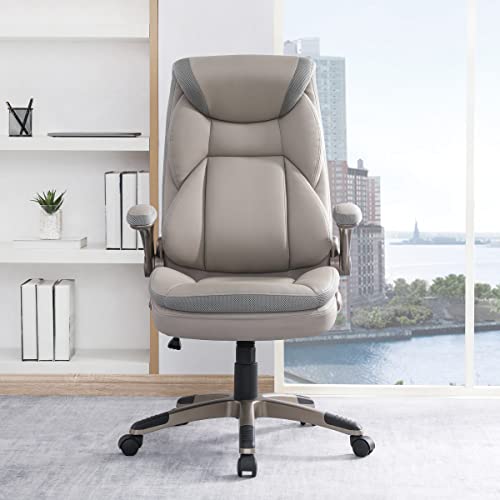 Office Star ECH Series Executive Bonded Leather Office Chair with Lumbar Support and Padded Height Adjustable Arms, Taupe with Cocoa Coated Nylon Base - color: Taupe With Cocoa Coated Nylon Base