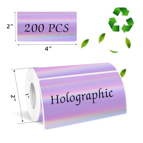 2x4 Inch Holographic Thermal Labels, Purple Direct Thermal Stickers Label, Self-Adhesive Glitter Thermals Printer Sticker Labels, Perforation Line Design- 200Pcs/1 Roll - color: Holographic Purple, size: 2*4 inch
