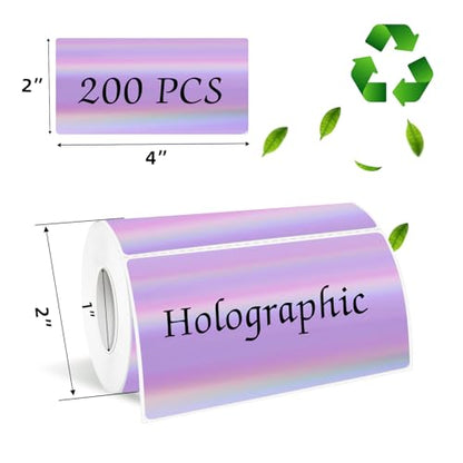 2x4 Inch Holographic Thermal Labels, Purple Direct Thermal Stickers Label, Self-Adhesive Glitter Thermals Printer Sticker Labels, Perforation Line Design- 200Pcs/1 Roll - color: Holographic Purple, size: 2*4 inch