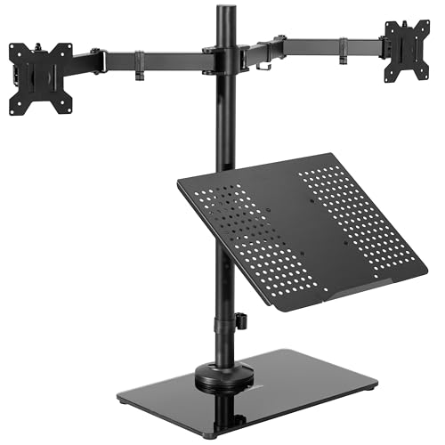 VIVO Freestanding Dual Computer Monitor and Laptop Combo Desk Stand with Glass Base, Fits up to 32 inch Monitors and 17 inch Laptops, Black, STAND-V003FGL - style: Laptop + 2 Monitors